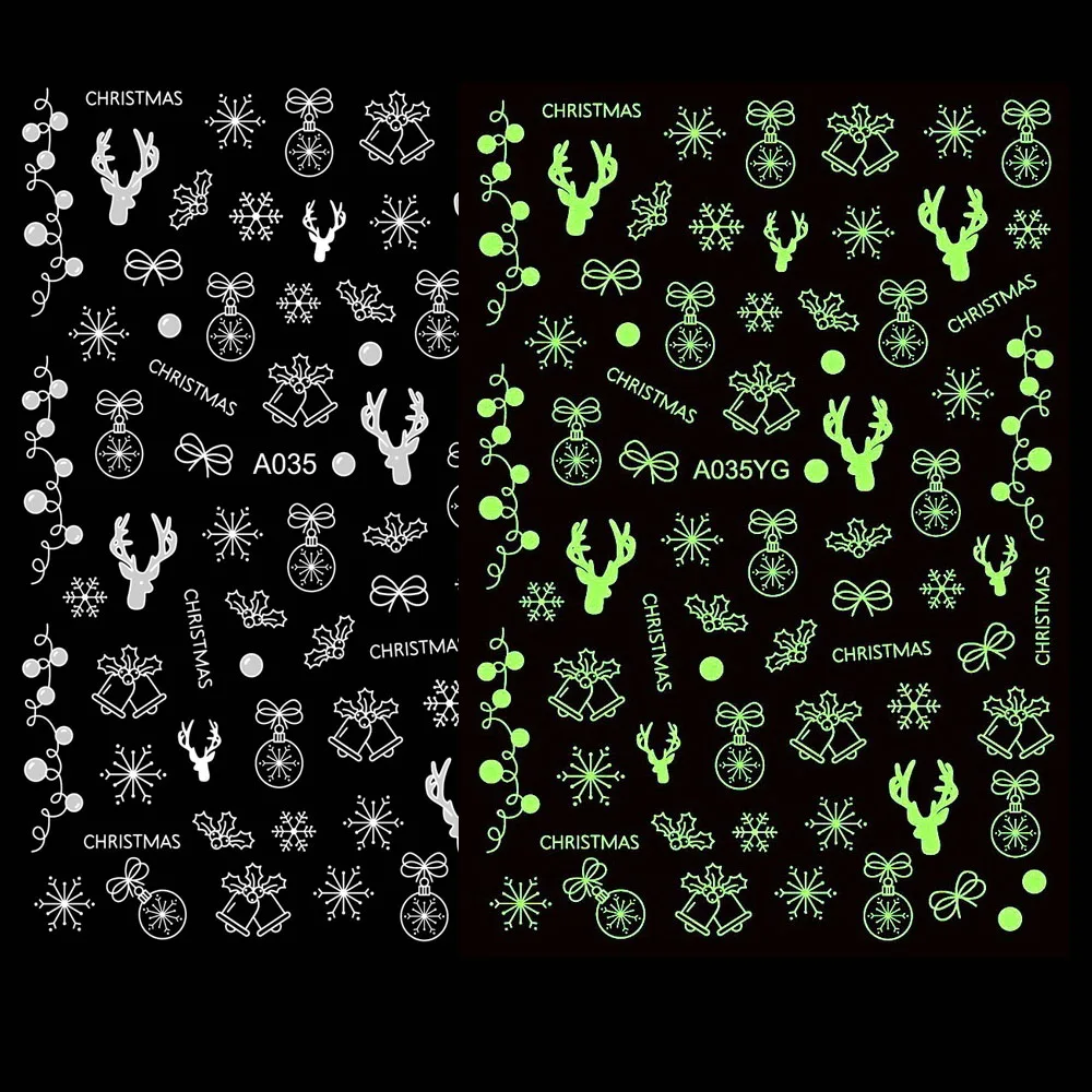 16개 발광 크리스마스 네일 스티커 9.5*7.5cm 사슴 눈송이 슬라이더 데칼 셀프 접착 네일 랩 스티커 매니큐어 슬라이더