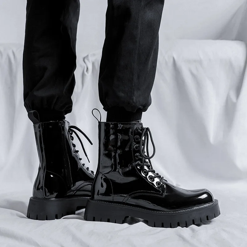 men luxury fashion patent leather boots black tide platform shoes party nightclub high top motorcycle boot cool knight botas man