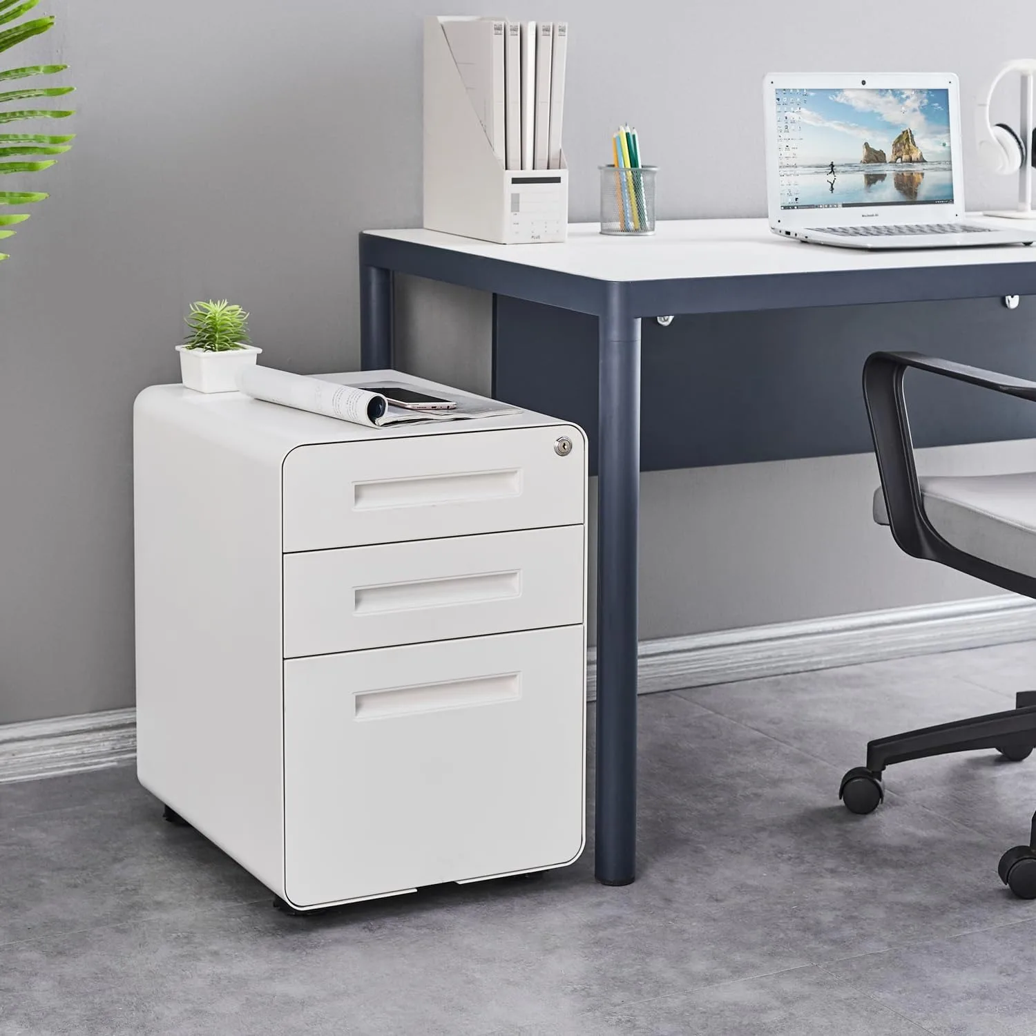 Mobile Filing Cabinet 3 Drawer, White Small File Cabinet with Lock Under Desk, Filing Cabinet for Home Office with Wheels