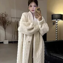 2024Autumn/Winter Extra thick long plus size over knee imitation mink cashmere Cardigan fur coat twist imitation mink plush coat