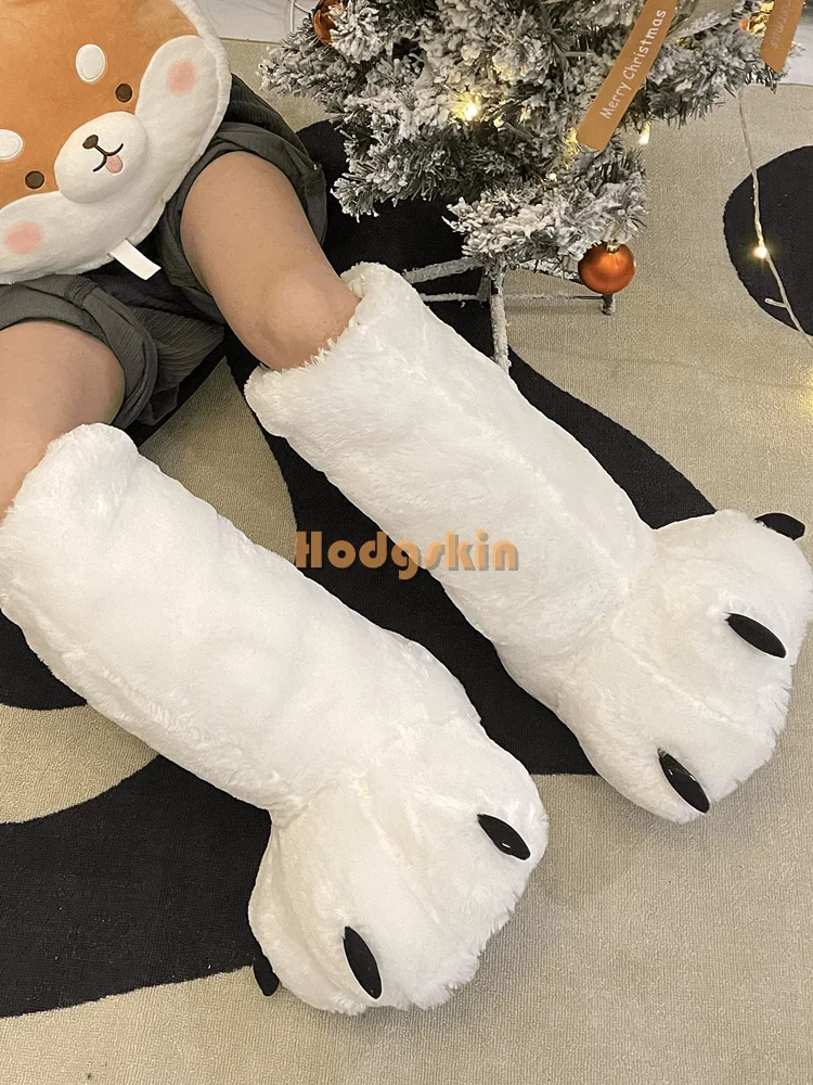 Plush Bear Paw Knee-high Boots Cute Solid Furry Slip-on Indoor Warm Slippers Floor Faux Fur 2024 Women New Winter Cotton Shoes