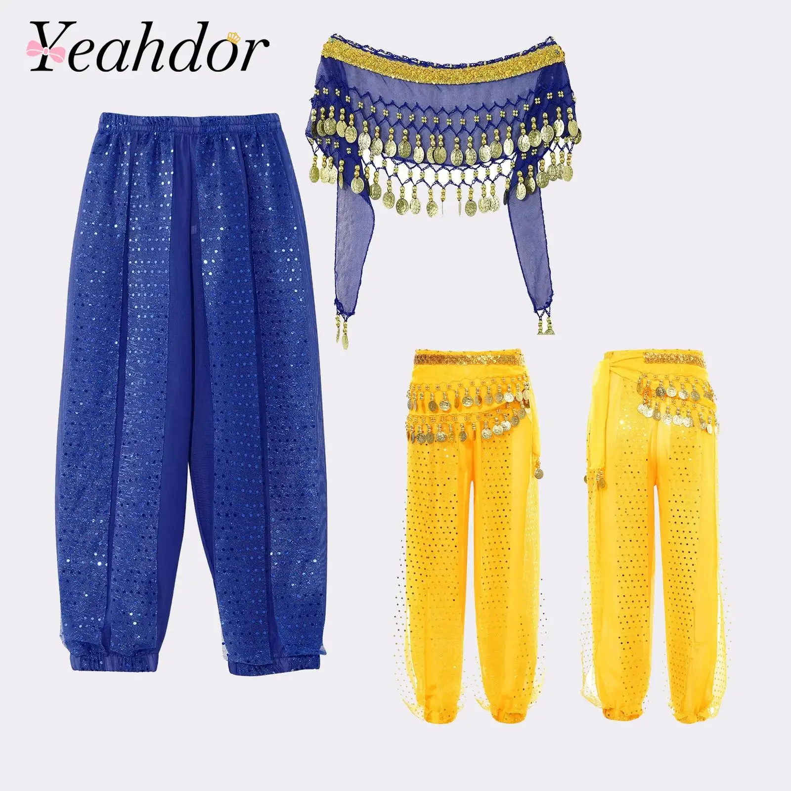 

Kids Girls Belly Dance Harem Pants with Tassels Chain Hip Scarf Bloomers Sequined Dots Chiffon Trousers Indian Dancing Wear