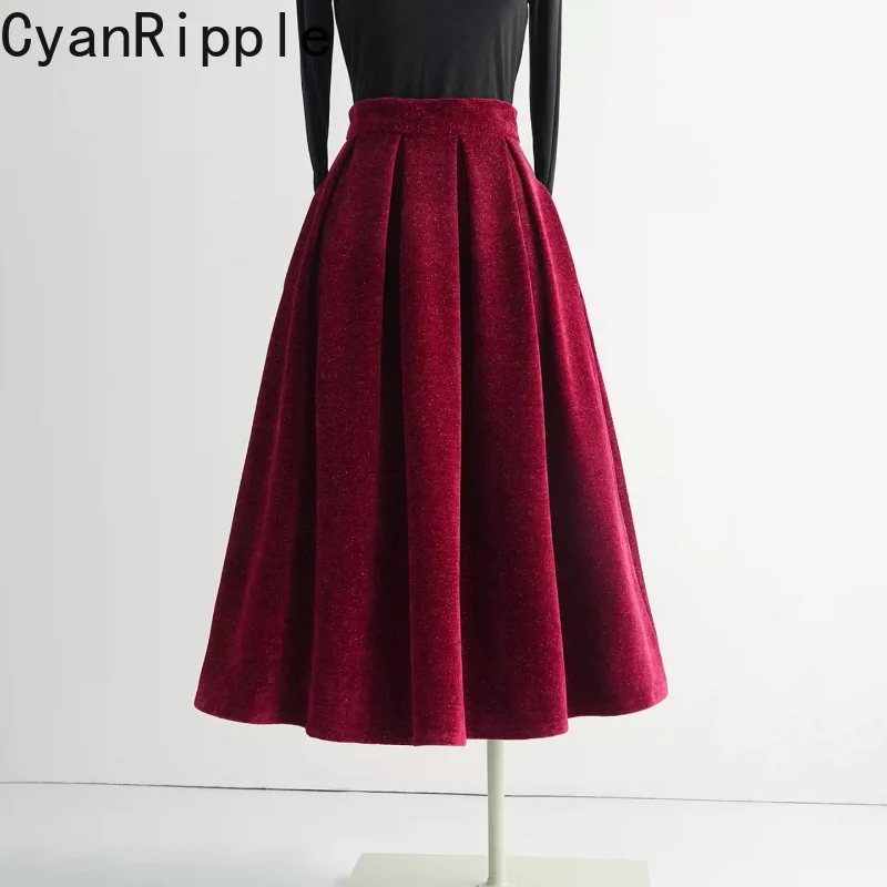 Vintage Wine Red Mid-long Women A-line Skirt New Autumn Winter All-match High Waist Solid Color Big Bottom Female Umbrella Skirt