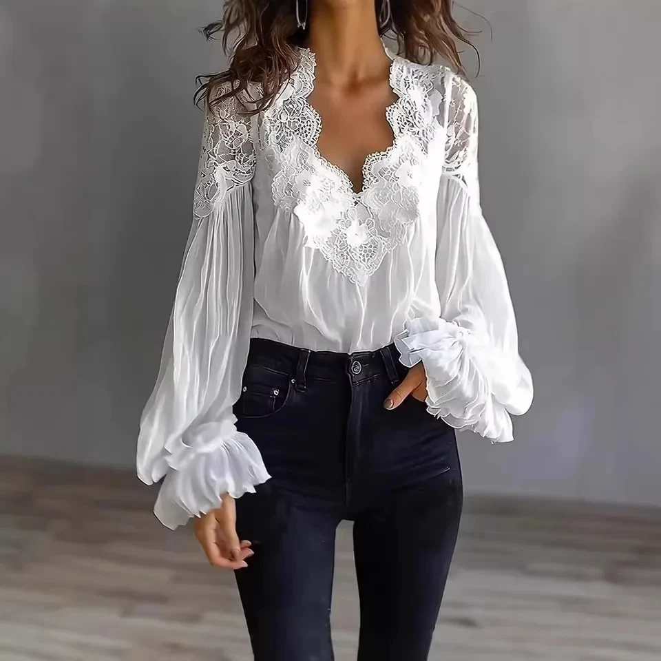

Women's Lace Shirt Sexy V-neck Black White Color Puff Sleeve Pleated Shirt 2026 Spring Solid Color Elegant Office Shirt