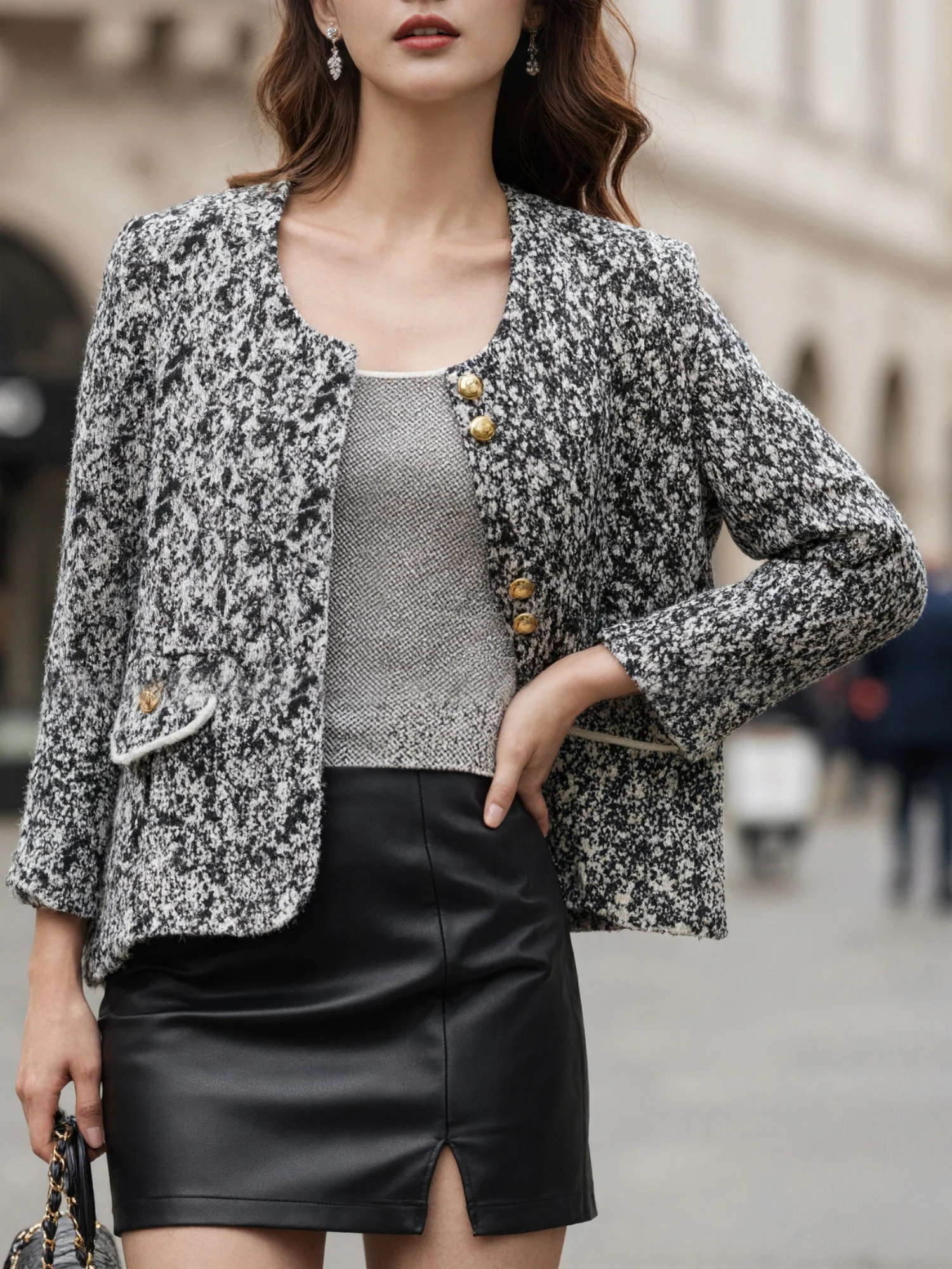 여성용 샤넬 스타일 플로럴 얀 골드 스레드 골드 버클 니트 가디건, 라운드 넥 더블 포켓 숏 스웨터 재킷, 봄 가을 데일리 출퇴근/성숙한 스타일 의상