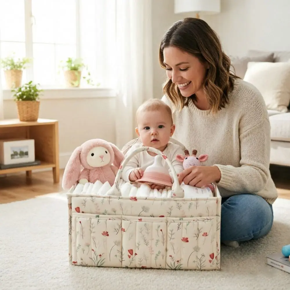 Floral Baby Diaper Caddy Organizer Portable Large Capacity Nursery Storage Basket Newborn Essentials Diaper Bag