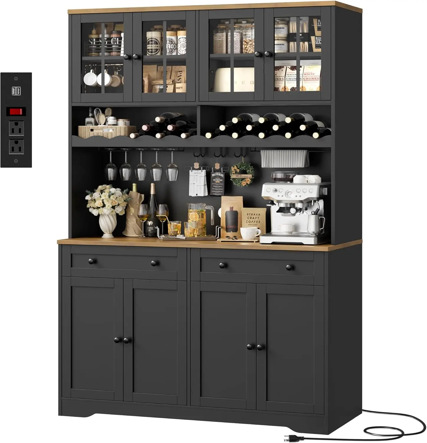 高さ75.4フィートのキッチンパントリーキャビネット、充電ステーション付き、ホワイトハッチ、電子レンジスタンドとワインラック付き