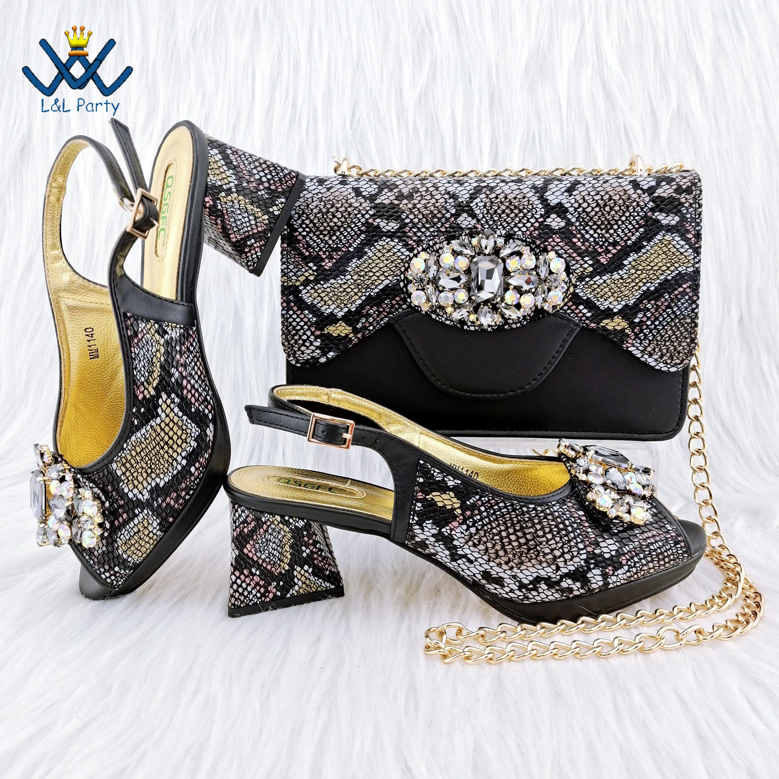 

Black Color High Quality New Coming Hot Sale Sweet Women Shoes and Bag Set Party Pumps with Shinning Crystal