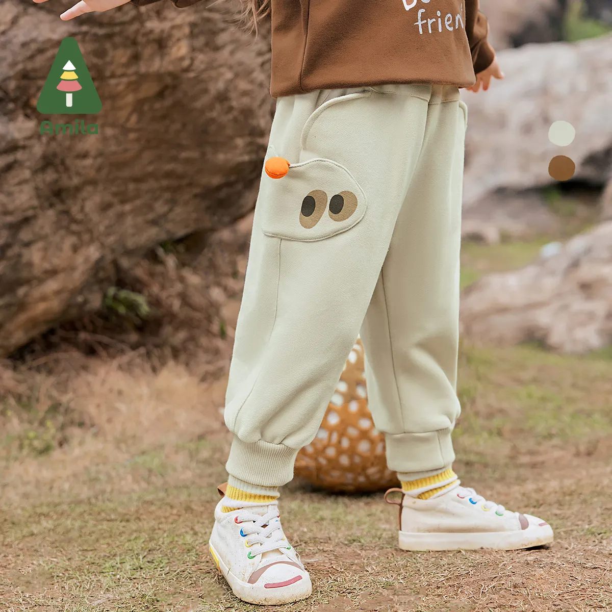 Amila Baby Casual Pants 2024 Autumn New Boys And Girls Apple Pants Soft Delicate Three-Dimensional Pocket Children’s Trousers