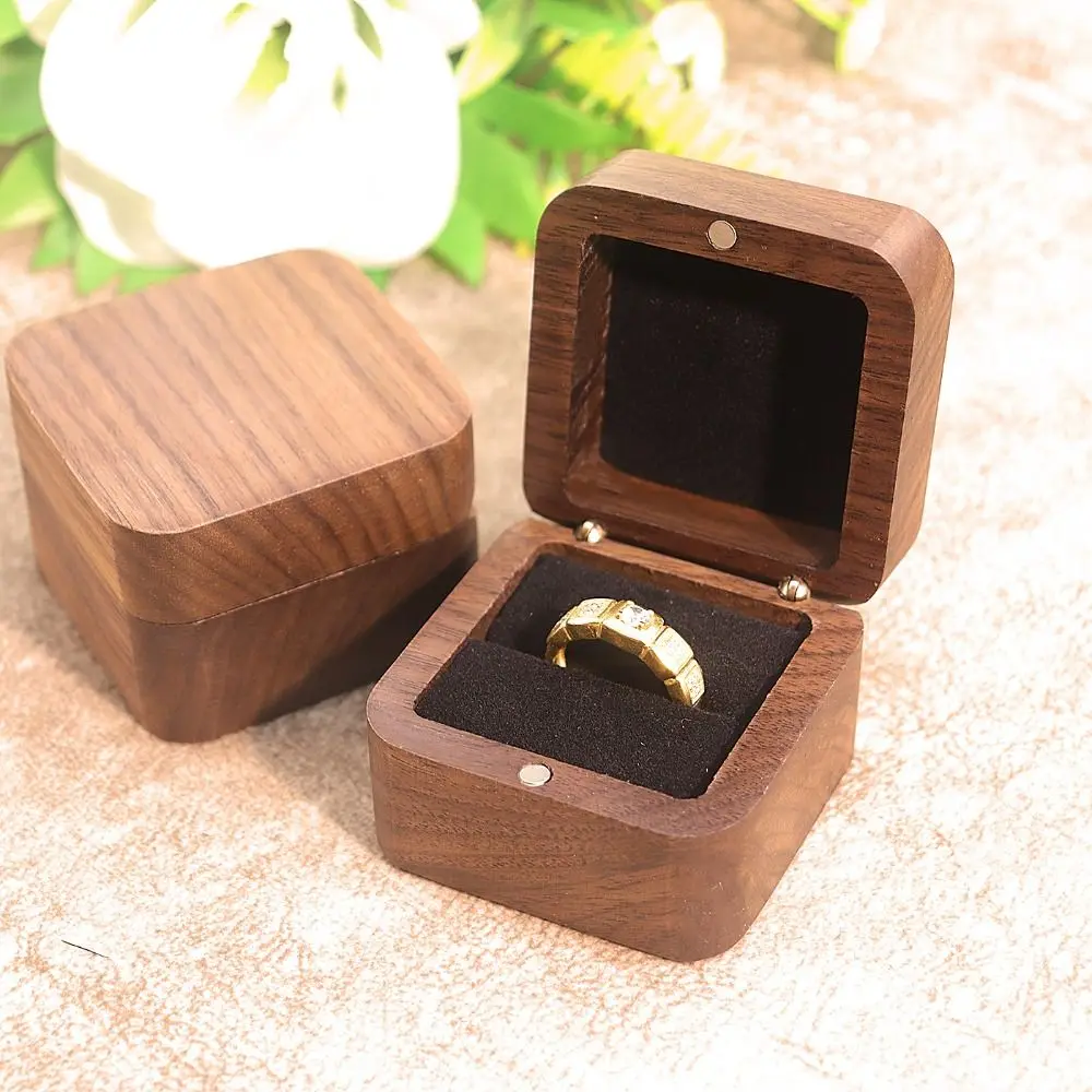 Simple 1/2 Slots Spade Wood Rings Holder Square Wedding Rings Bearer Box Packaging Luxury Jewelry Organizer Marriage Anniversary