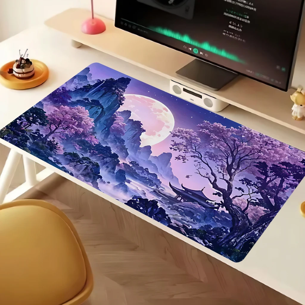 

The fantasy landscape of the big moon under the cherry blossoms, large keyboard and laptop pad, office decoration