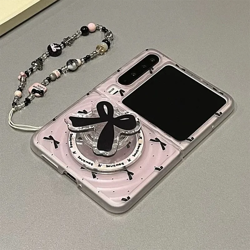 Cute Black Bow Magnetic Stand Phone Case For Samsung Galaxy Z Flip7 Z Flip6 Z Flip5 /OPPOFindN3Flip/MixFlip/PuraX Foldable Cover