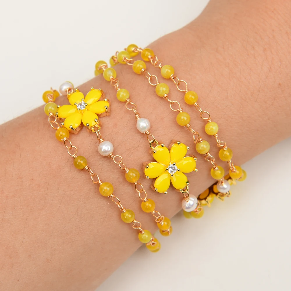 GG 8'' 5 Rows Natural White Pearl Lemon Quartz Yellow Jade Crystal Pave Flower Chain Wrap Bracelet Handmade For Lady