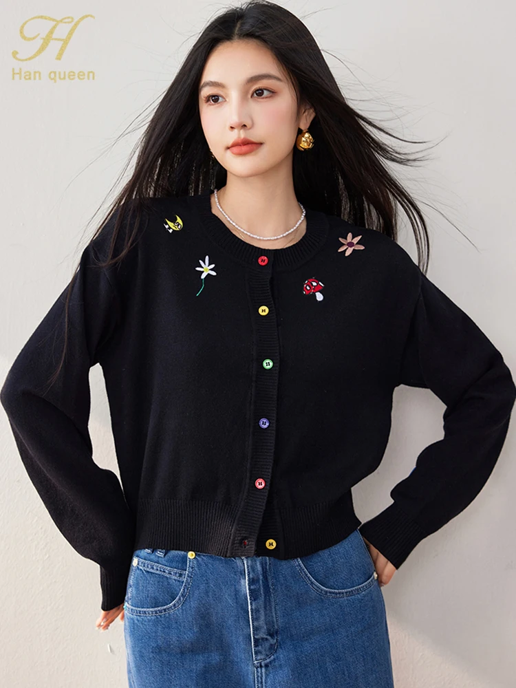 H Han Queen Autumn Winner Fashion Basic Vintage Embroidery Sweater Odzież damska Vintage Casual Tops Basic Knitted Cardigan