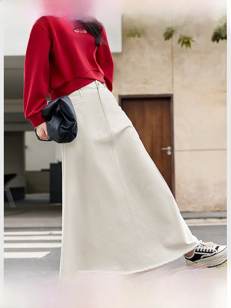 

Джинсовая юбка А-силуэта для женщин, с завышенной талией, из хлопка, длинная, винтажный выцветший дизайн, универсальная, осенняя коллекция