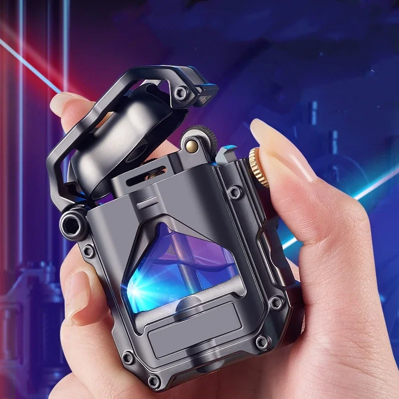Creative Metal Machine Armor Kerosine Lighter LED Blue Light Transparent Oil Window One Click Ignition Smoke Accessories Gadget