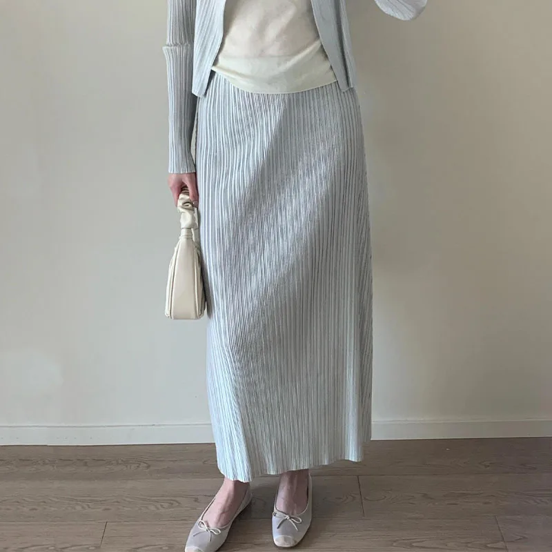 Temperament Solid Color Summer New Fashion Women's Set Sleeveless Top High Waist Folded Half Skirt Two Piece Set Miyake XQ82