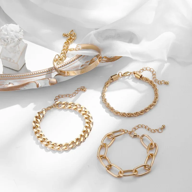 4pcs/set Hiphop Exaggerated Golden Fried Dough Twists Chain Bracelets Fashion Simple Geometric Jewelry Women for Commuting image 4