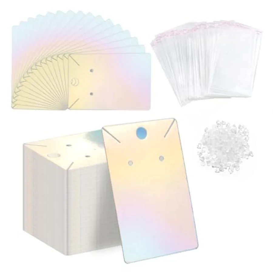 

150 pcs Holographic Earring Display Card Holder 300 Pcs Backs and 150 Jewelry Packaging Bags for Earring Necklace Jewelry Cards