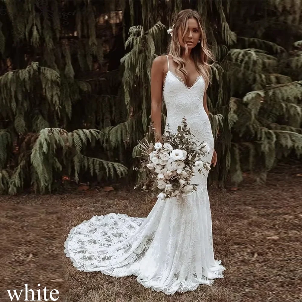 Personalizado boho sereia vestidos de casamento cintas de espaguete rendas sem costas praia sexy com decote em v boêmio vestidos de noiva