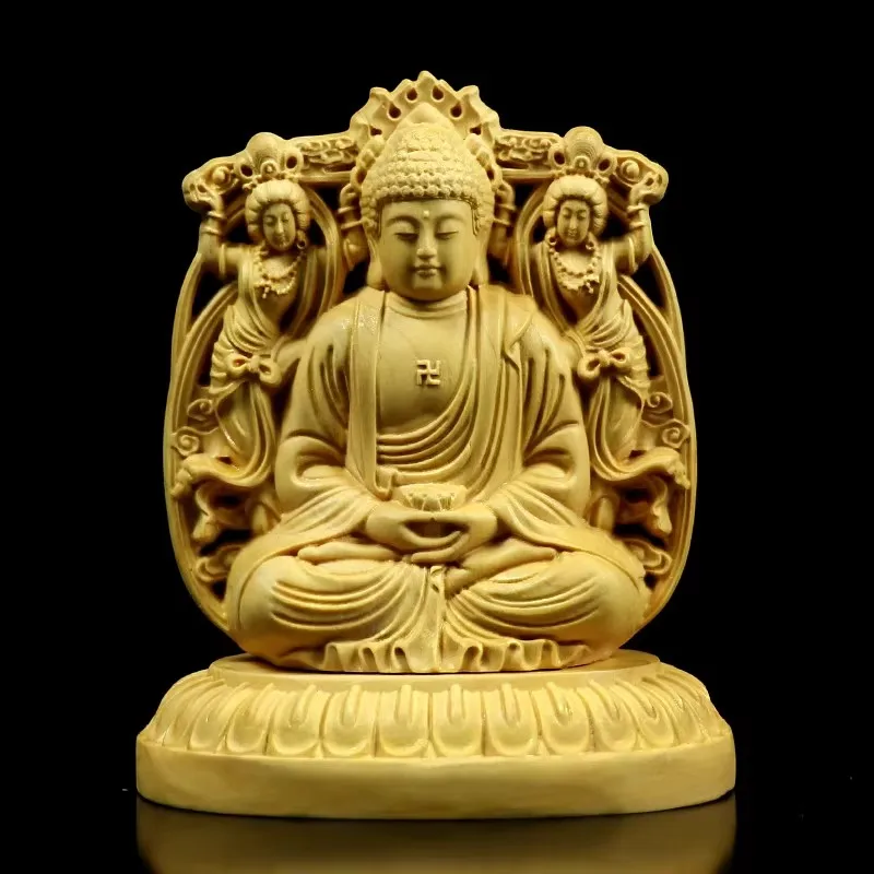 Boxwood Carving Double-Faced Buddha Guanyin Amitabha Buddha Hand-held Carving Car Ornament