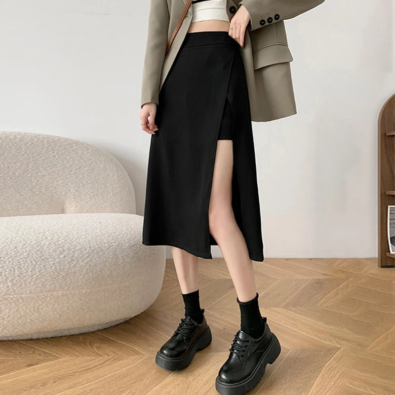 Irregular Slit Black Skirt Women's Summer Mid-length A-line Skirt High Waist Hip Skirt