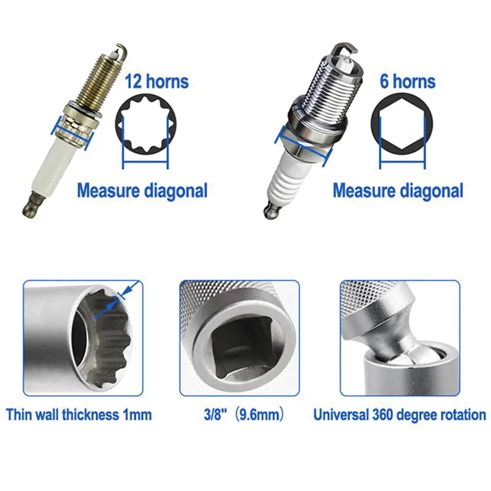 Spark Plug Socket Wrench Adapter 14/16mm Set Universal Joint with Magnetic Flexible Socket Thin Wall 3/8\