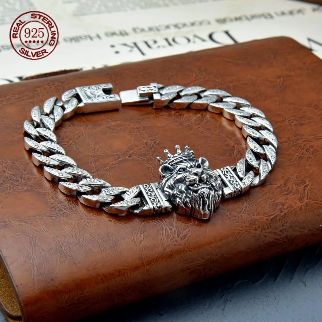 S925 Silver Bracelet for Men, S925 Silver, Lion Head, Retro Trend Jewelry, Vine Chain, Male Party Domineering Gift, Age-Old