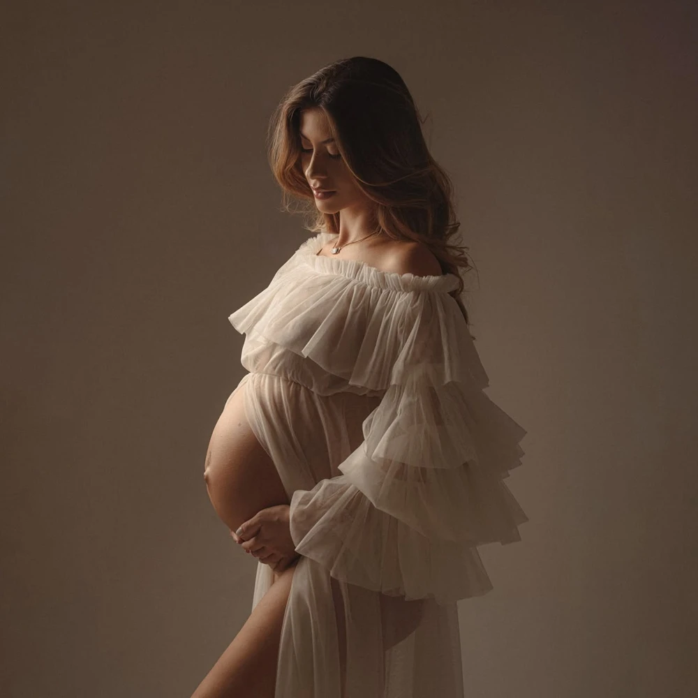 Off Shoulder Maternity Dress for Photo Shoot Ruffles Mesh Pregnancy Gown Sexy Split Front Maternity Photography Robe