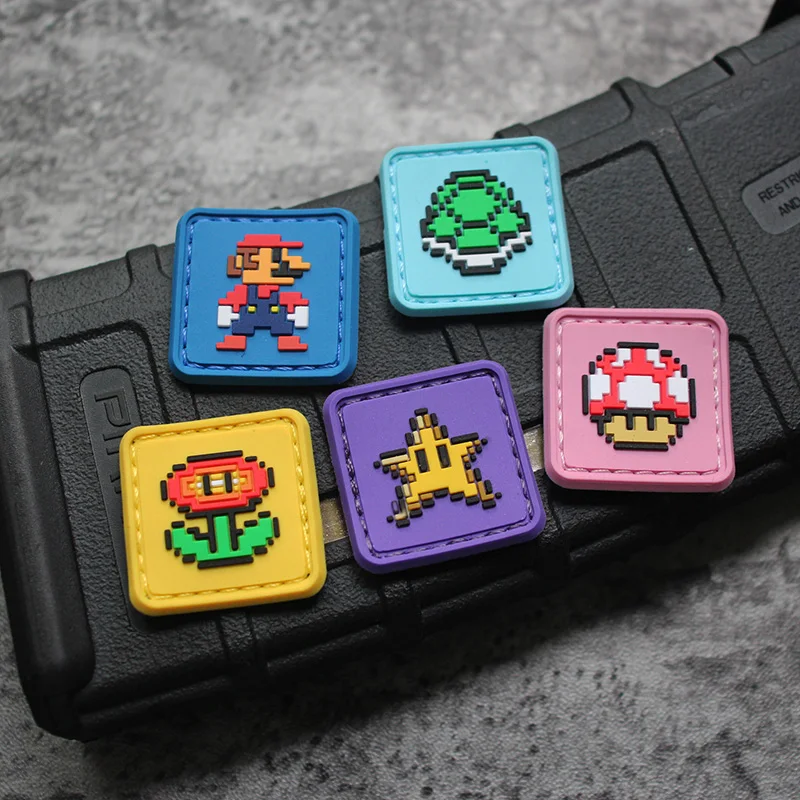 Super Marioo PVC Mini Tactical Morale Badge Cartoon Pixel Armband Backpack Decoration Hook&loop Patches for Clothing Sticker