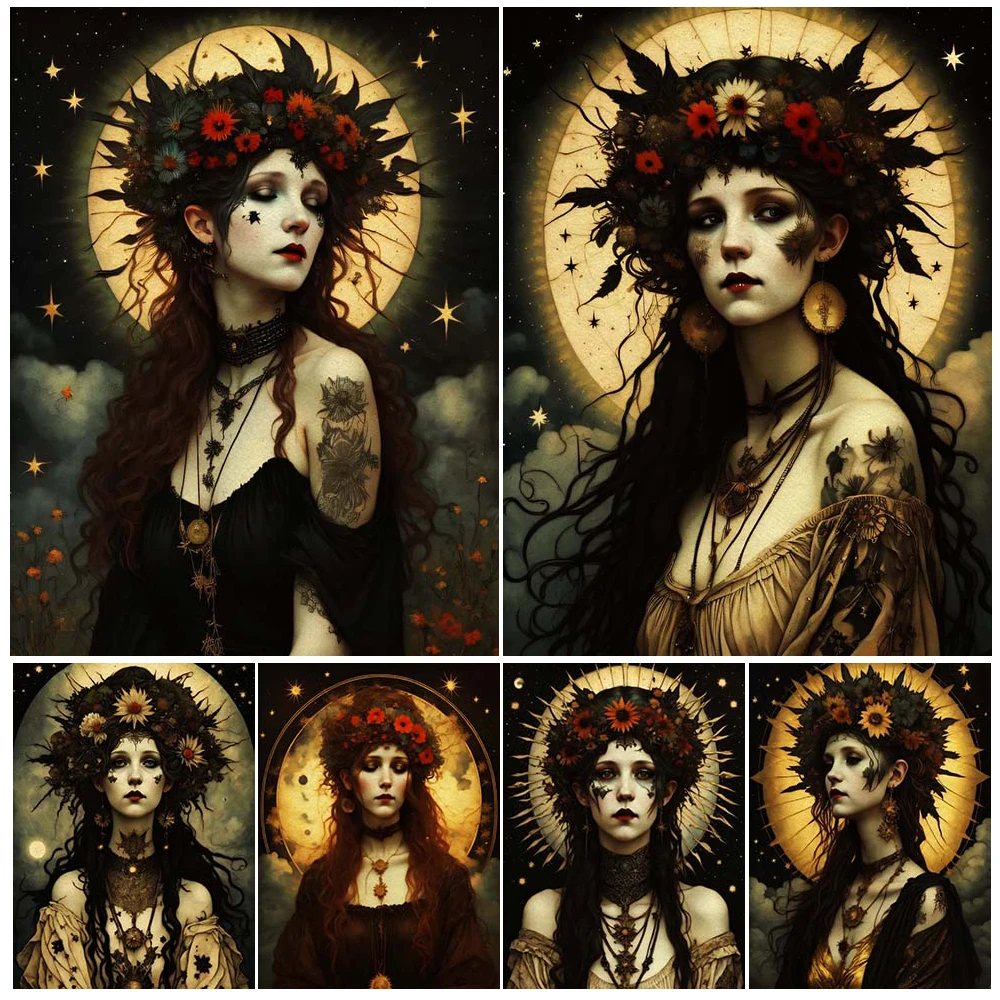 Beautiful Girl Wearing Flowers On Her Head Vintage Wall Art Canvas Painting The Star Moon Witch Art Poster And Print Home Decor