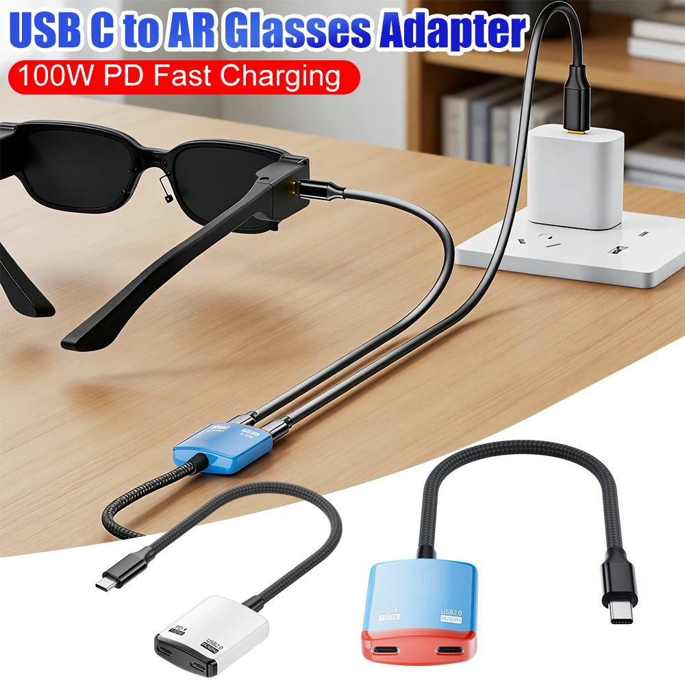 2-in-1 USB C To AR Glasses Adapter with 100W PD Fast Chargings Charge and Play Adapter for Home Entertainment Apartment Use