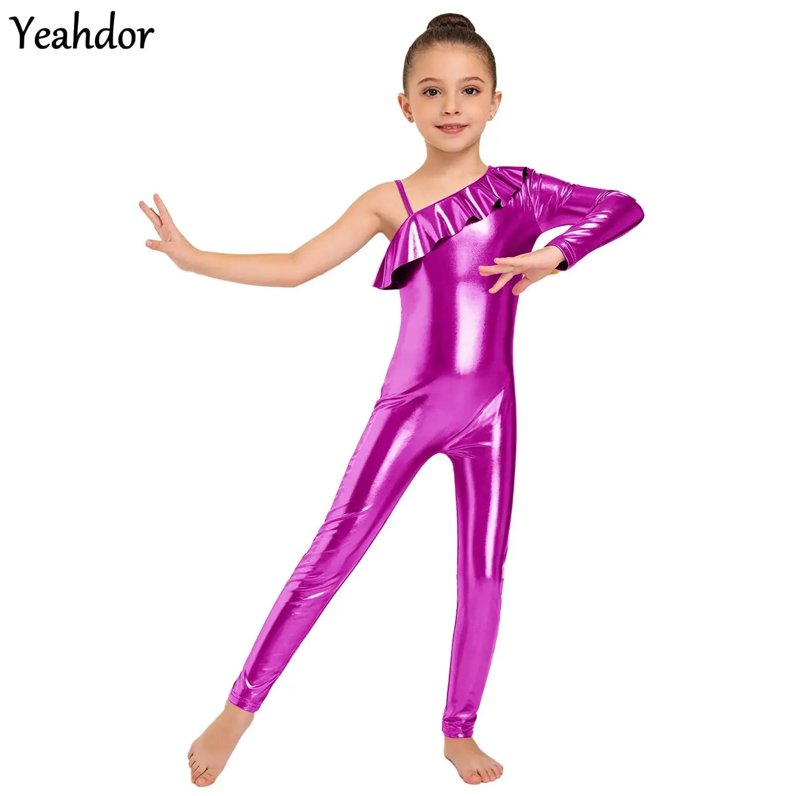 

Kids Girls Ruffle Metallic Jumpsuit One Shoulder Long Sleeve Side Zipper Gymnastic Bodysuit Ballet Dance Performance Competition