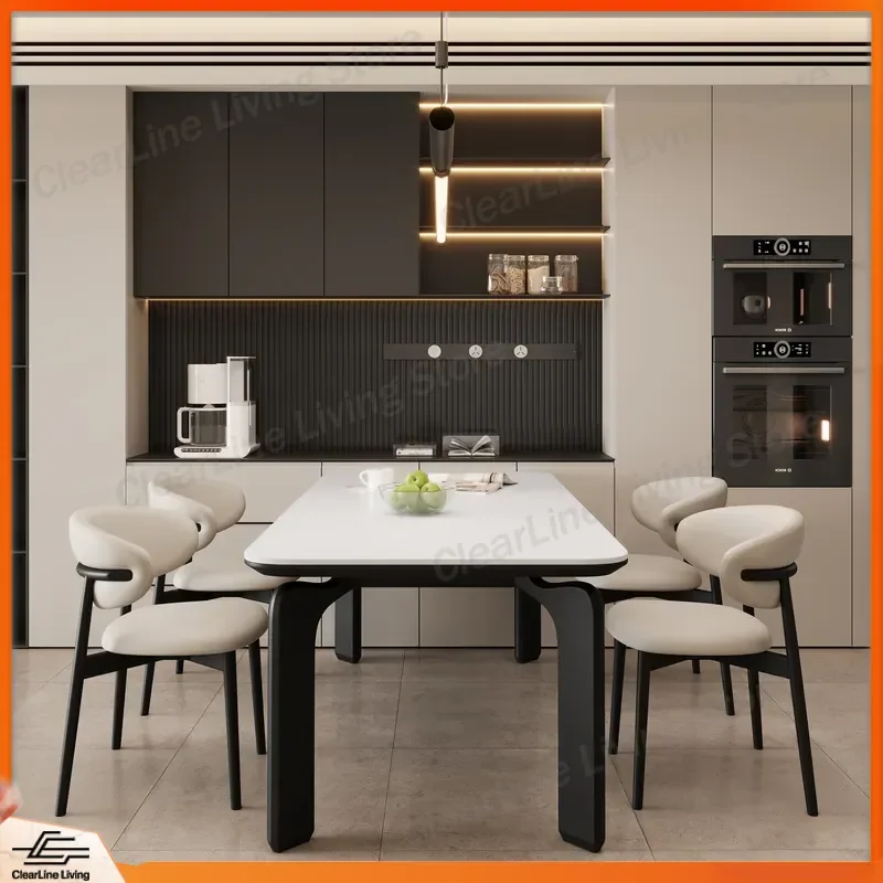 Cream Style Elephant Leg Dining Table Set Modern Simple Rectangular Rock Slab Table and Chairs for Small Apartment Home