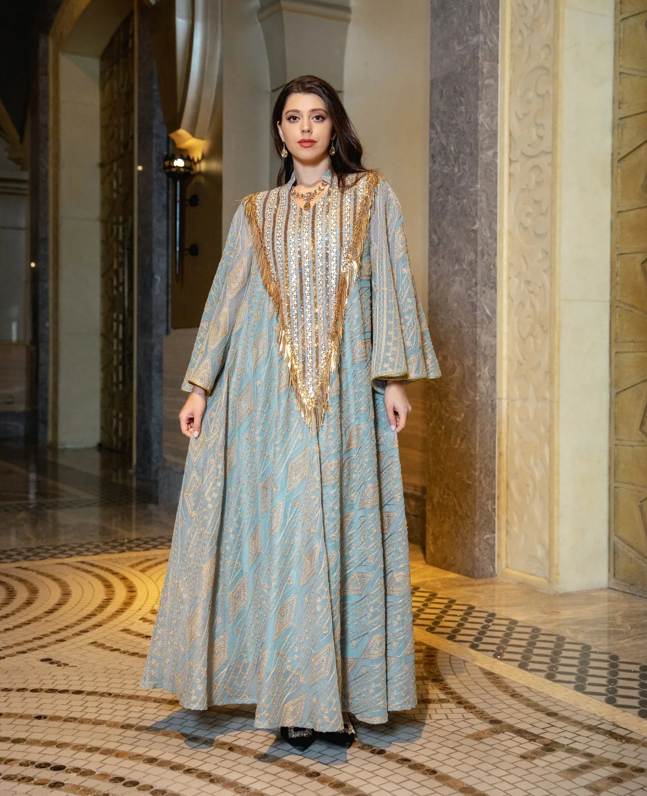 Arab Dubai Mesh Sequins Embroidery Evening Robe For Women Jalabiyat Muslim Turkish Casual Loose Long Sleeve Clothing