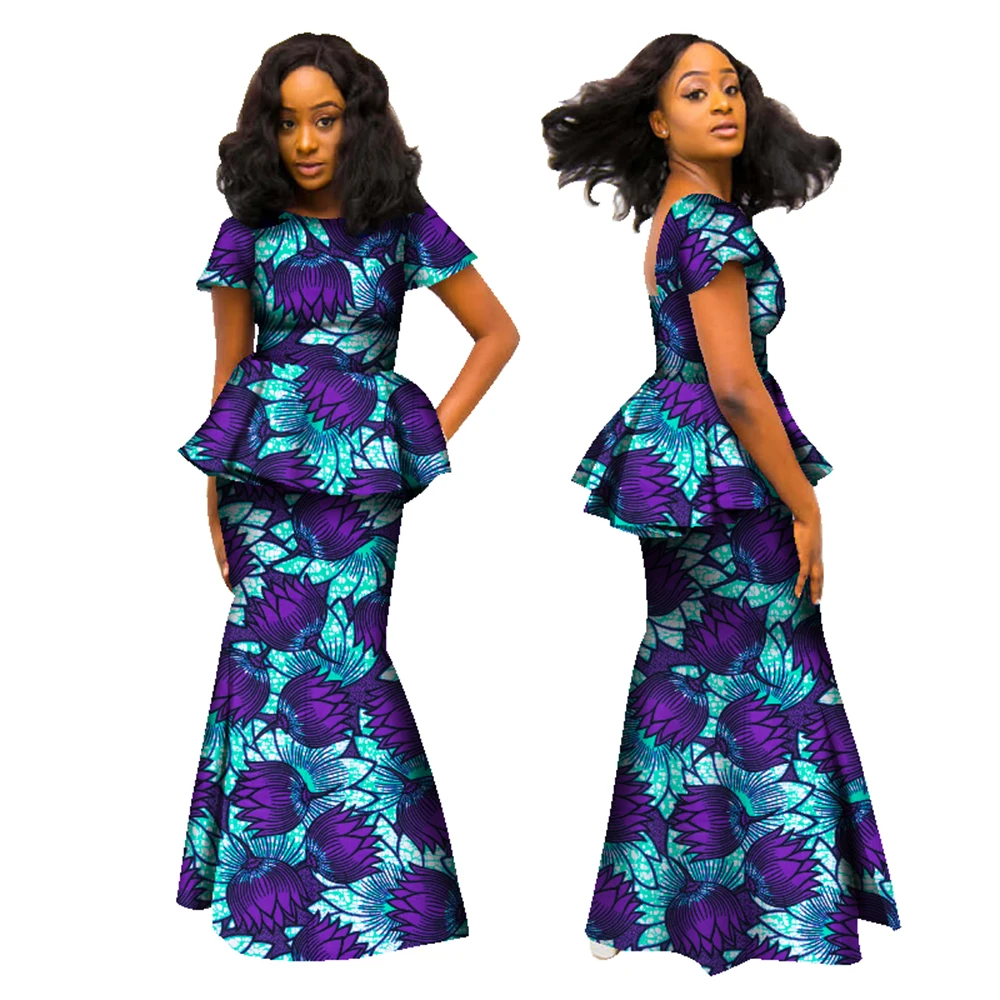 Bintarealwax African Skirt for Women Dashiki Backless O-Neck Short Sleeve Tops & Long Skirt 2 Pieces Set Africa Clothes WY1695