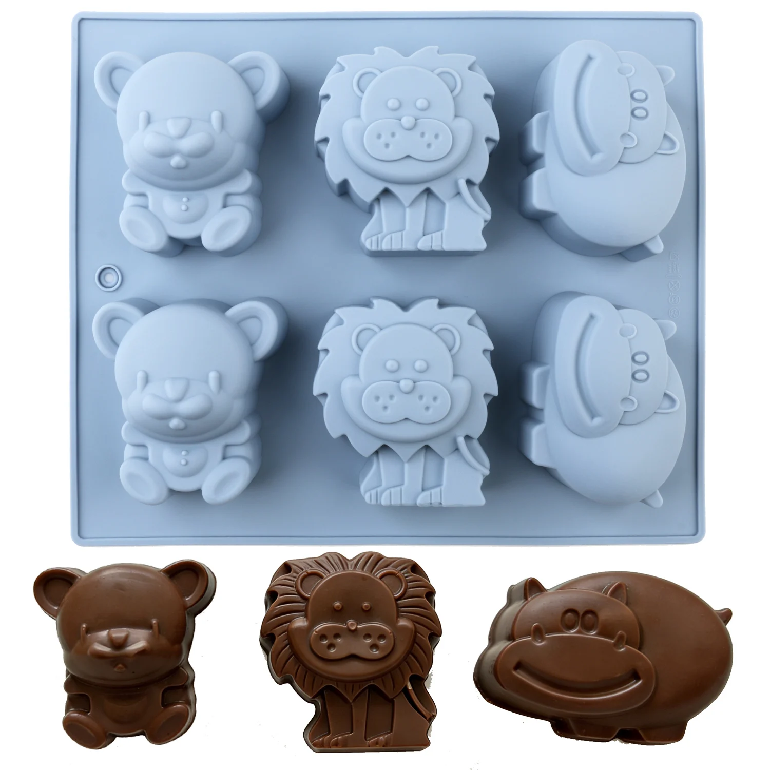 Forma de Silicone para Bolos com Padrões de Urso, Leão e Hipopótamo, Fácil de Limpar, Resistente a Altas Temperaturas