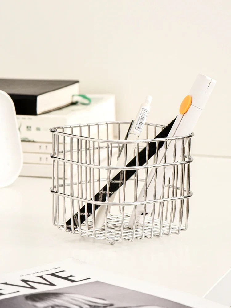 Ahunderjiaz-Luxury Stainless Steel Silver Storage Basket, Cosmetic Pen Holder, Desktop Sundry Square Basket, Home Decoration