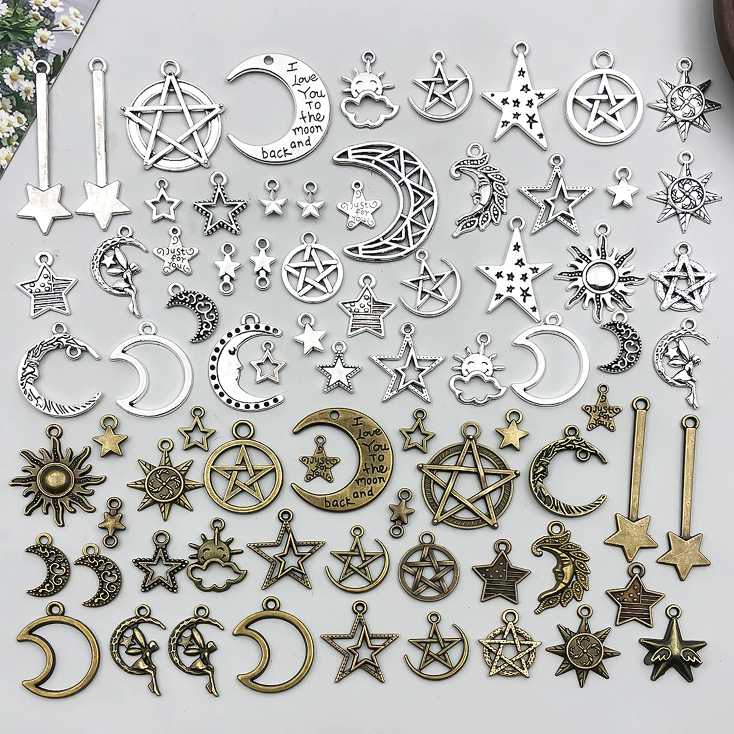 78pcs Alloy Ancient Silver Star Moon Sun Pendant Jewelry Making DIY Earrings Charms for Jewelry Bracelets Necklace