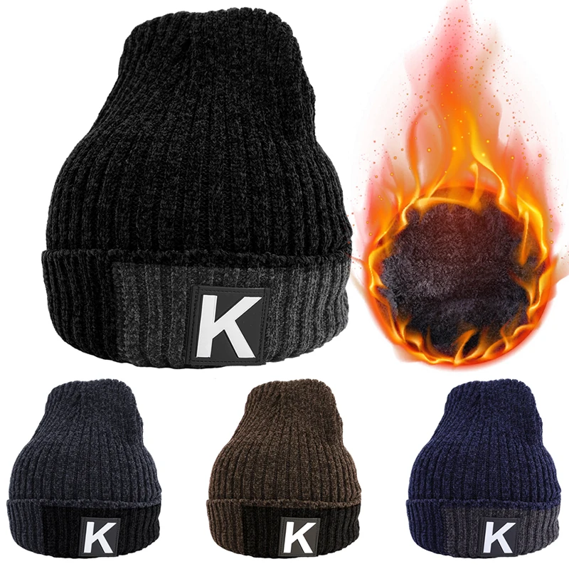 

Модная зимняя мужская вязаная шапка, однотонные мужские шапки, плотная плюшевая вязаная шапка, уличные теплые шапочки для защиты ушей, шапка, шапки
