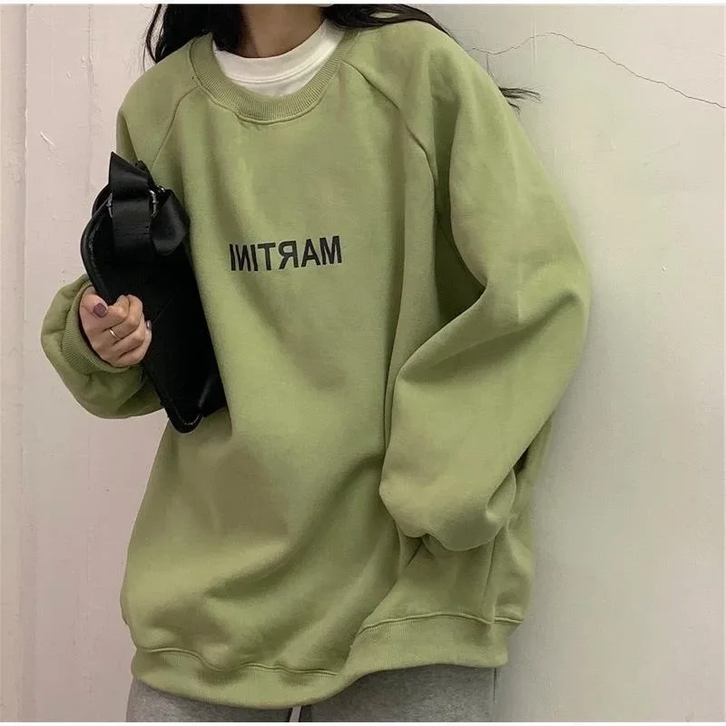 2024 Fleece-Lined Sweatshirt Women's Loose-Fit Korean Style Spring Autumn Hong Kong Trendy Jacket Without Hood Round Neck