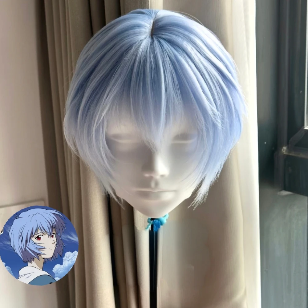 Rei Ayanami Cosplay Wig Simulation Scalp Top Blue Short Hair Wig Rose Net Inner Cap Heat Resistant Synthetic Fiber Wig Halloween