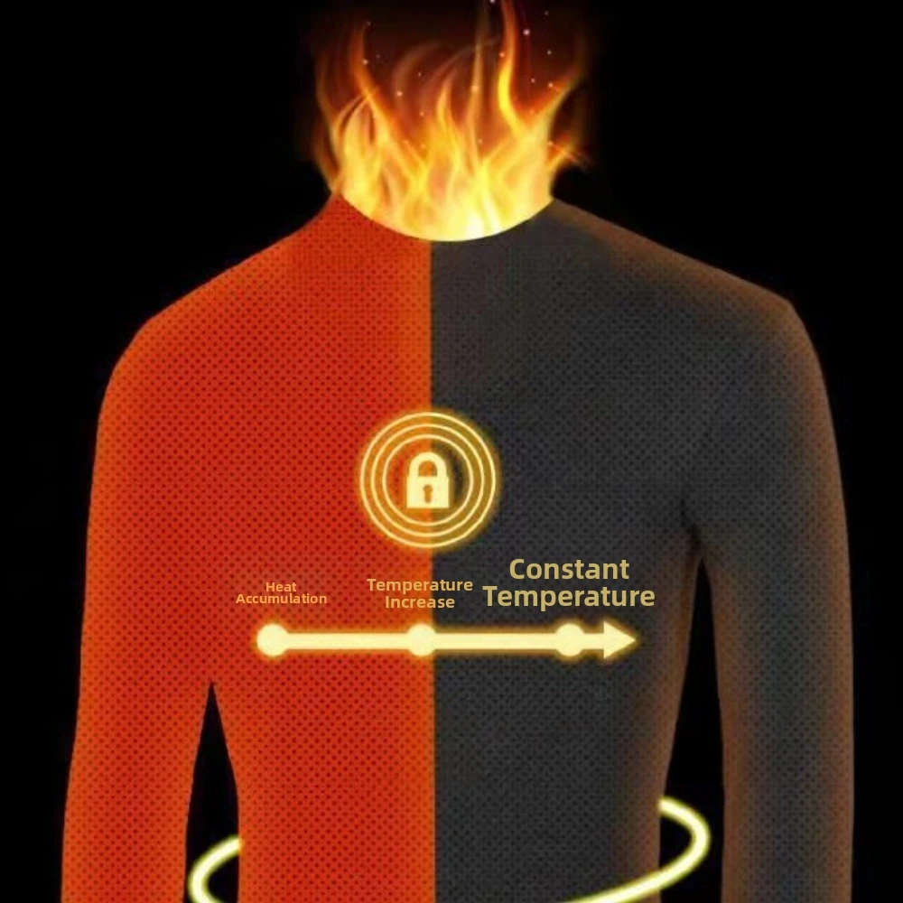 Round Neck Men Velvet Thermal Clothes Long Sleeved Feel Heating Thermal Underwear Invisible Thermostatic Warmth Long Tops Male