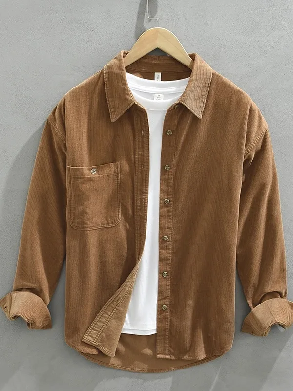 

Retro Corduroy Long Sve Men's irt Casual Sle Autumn New Faion Japanese Sle ket Design Outerwear Jaet