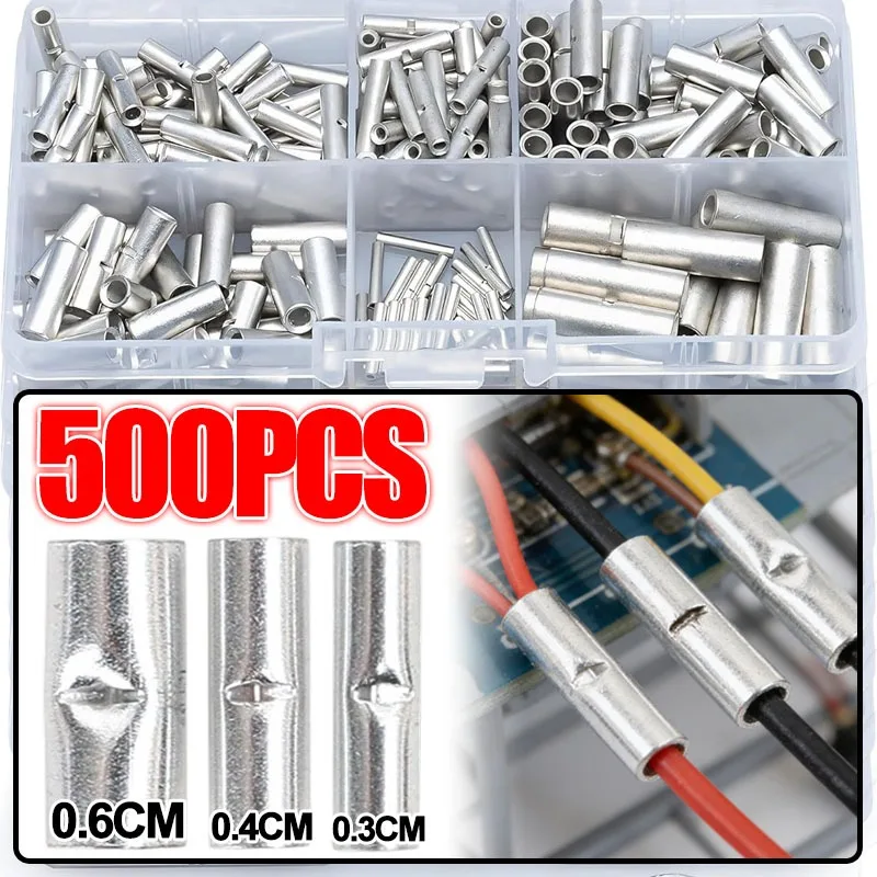 

500/50PCS Non-Insulated Butt Wire Connector Ferrules Electrical Cable Terminal Tinned Crimp Terminal 0.3/0.4/0.6cm 22-10AWG