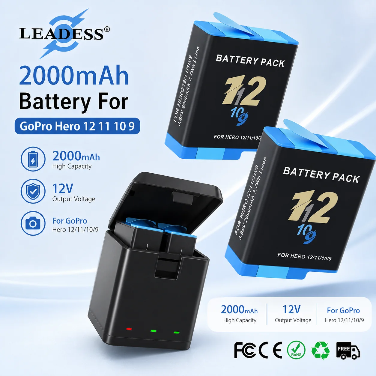 2000mAh Rechargeable Battery Fast Charger Box for GoPro Hero 12 11 10 9 Motion Camera Battery Accessories