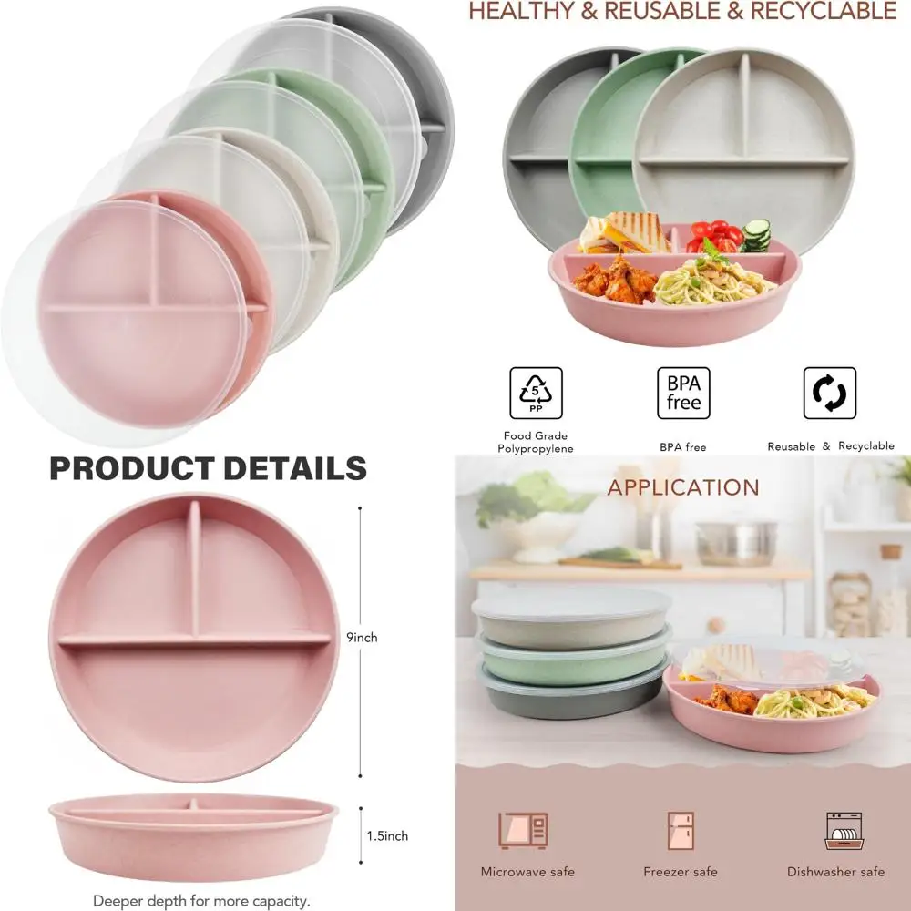 

greenandlife 9 inch 4pcs divided plates with lids, portion control plates for kids adults, dishwasher microwave safe compartment