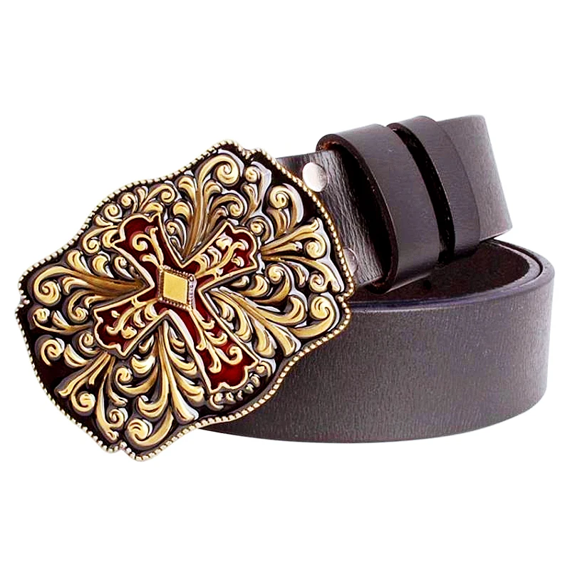 Christian Cross Teken Arabesque Patroon Metalen Gesp Koeienhuid Lederen Riem Mode Jeans Decoratieve Tailleband Voor Vrouwen Mannen