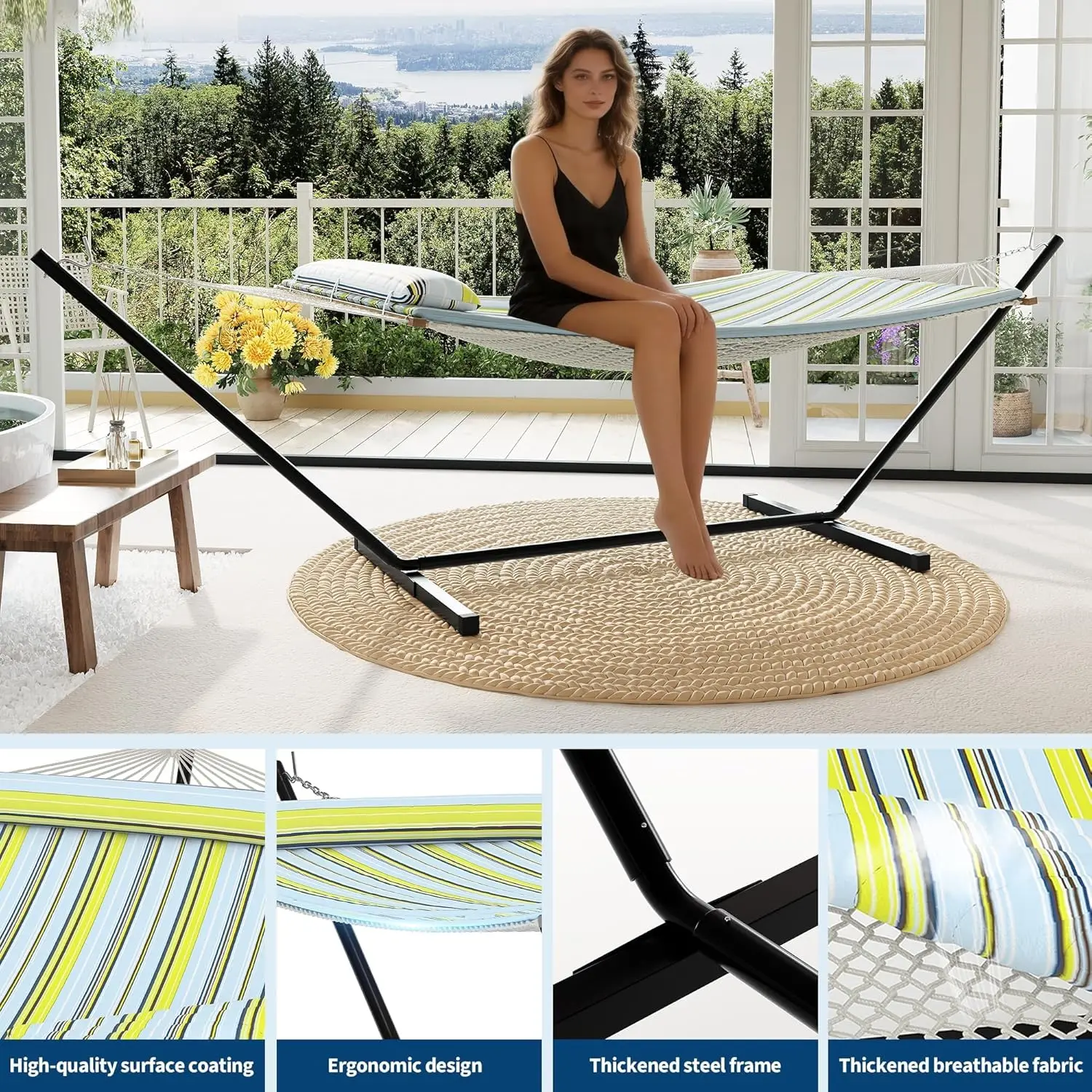 

Double Hammock with Stand, 2 Person Large Hammock 2 Person Hammock with Pillow & Polyester Pad for Indoor Outdoor Backyard Beach