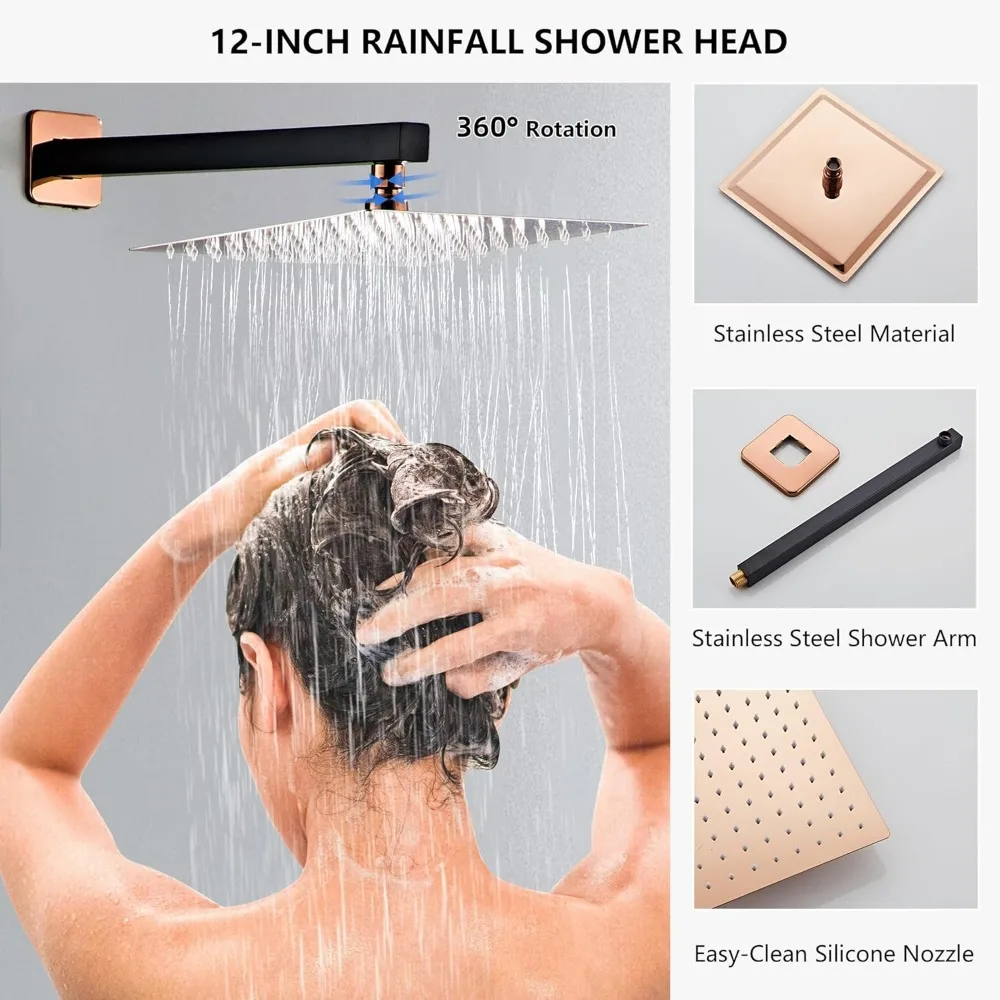 Matte Black and Rose Gold Shower System with 12 Inch Square Rainfall Showerhead, Complete Wall Mounted Set for Modern Bathroom U